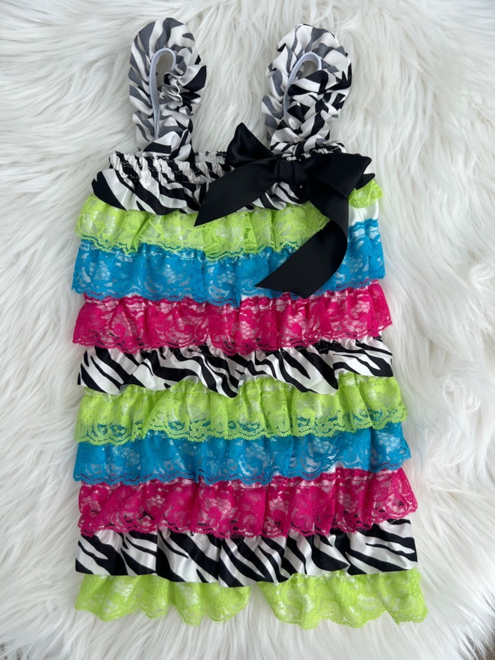 Girls Ruffle Tank Dress with Neon Lace and Zebra Trim